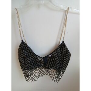 Superdown Black Gold Mesh Rhinestone Chain Halter Crop Top Bra S
